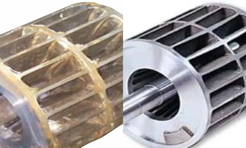 Comparativo antes e depois: rotor industrial com depósitos minerais à esquerda e totalmente restaurado ao metal base à direita