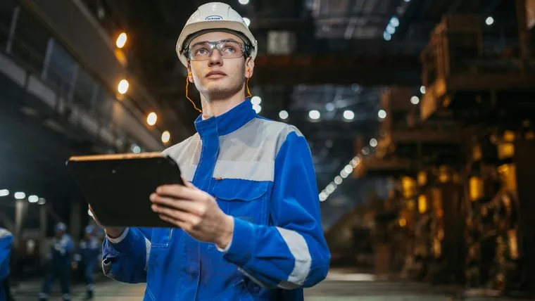 Inspetor de campo com tablet em planta industrial
