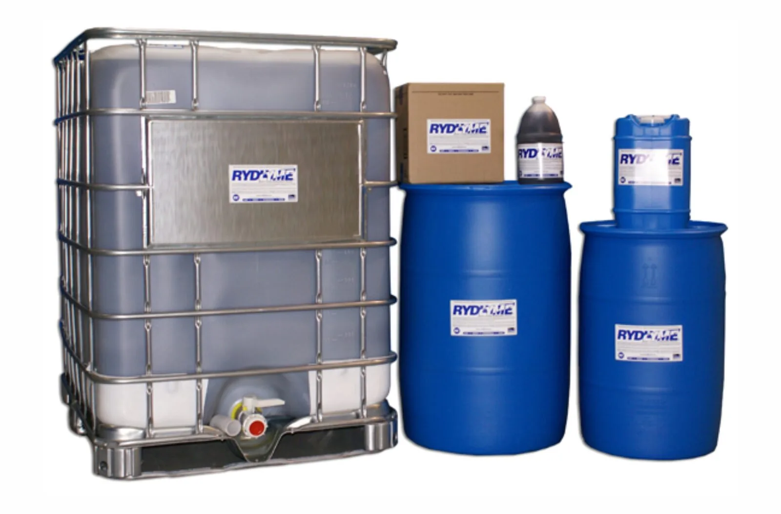 Linha completa de embalagens RYDLYME: contêiner IBC, tambores de 200 L, bombonas, galão e frasco individual