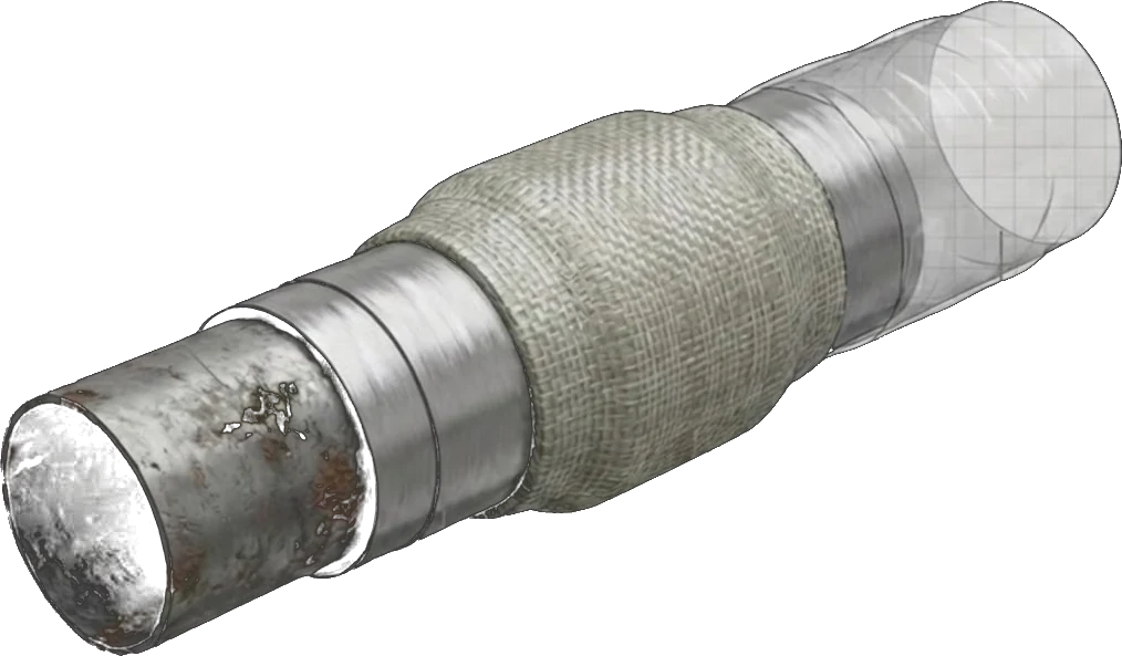 Renderização 3D mostrando as três camadas do sistema TapeGlass: tubo corroído, bandagem de fibra de vidro e filme de compressão