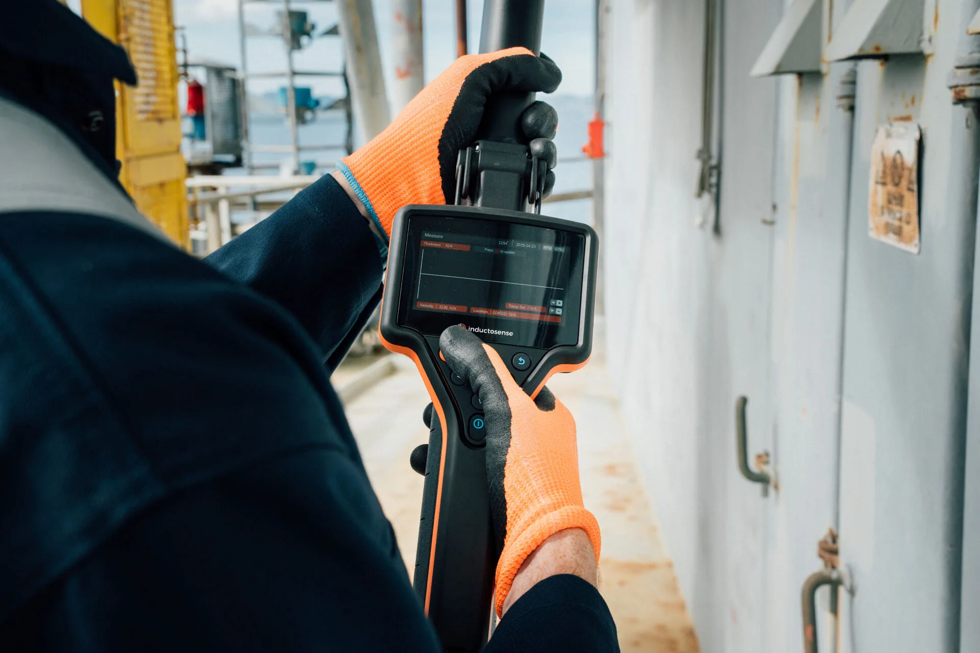 Técnico executando medição de espessura com aparelho Inductosense em ativo offshore