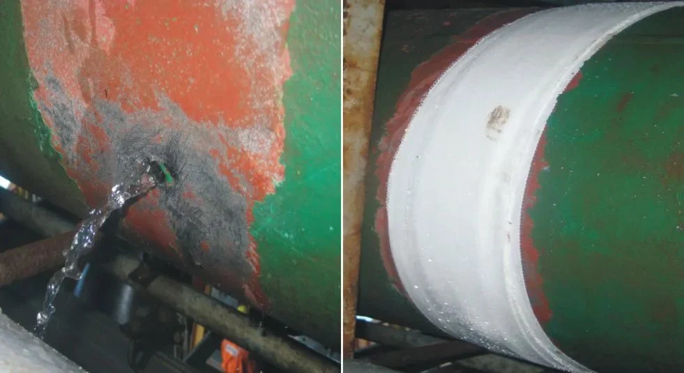 Tubulação com vazamento ativo de água antes e depois da bandagem TapeGlass com resina hidroativada