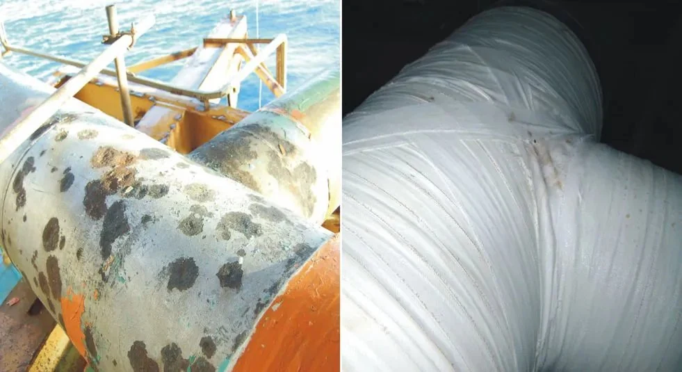 Tubulação offshore com corrosão pontual generalizada — antes e depois da bandagem TapeGlass