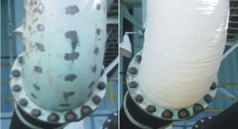 Tubulação vertical com corrosão severa em flange — antes e depois da bandagem TapeGlass aplicada em camadas