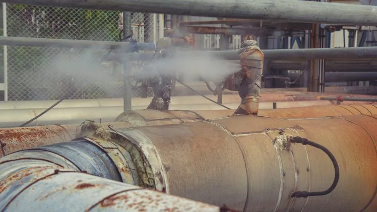Vazamento de vapor sob pressão em tubulação industrial